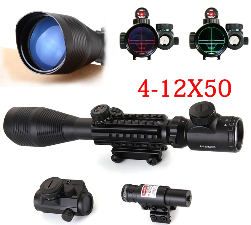 4-12X50 Tactical Optical Rifle Scope Red Green Dual illuminated Mount Fit For 20mm Rail+ Red Laser Sight + Holographic Dot Sight
4-12X50 Tactical Optical Rifle Scope Red Green Dual illuminated Mount Fit For 20mm Rail+ Red Laser Sight + Holographic Dot Sight