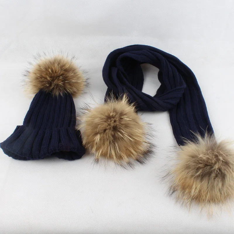 FURANDOWN kids Winter Scarf Hat Sets Children Warm Thick Stretchy Knit Beanie Pom Pom Hat Fur Caps 26