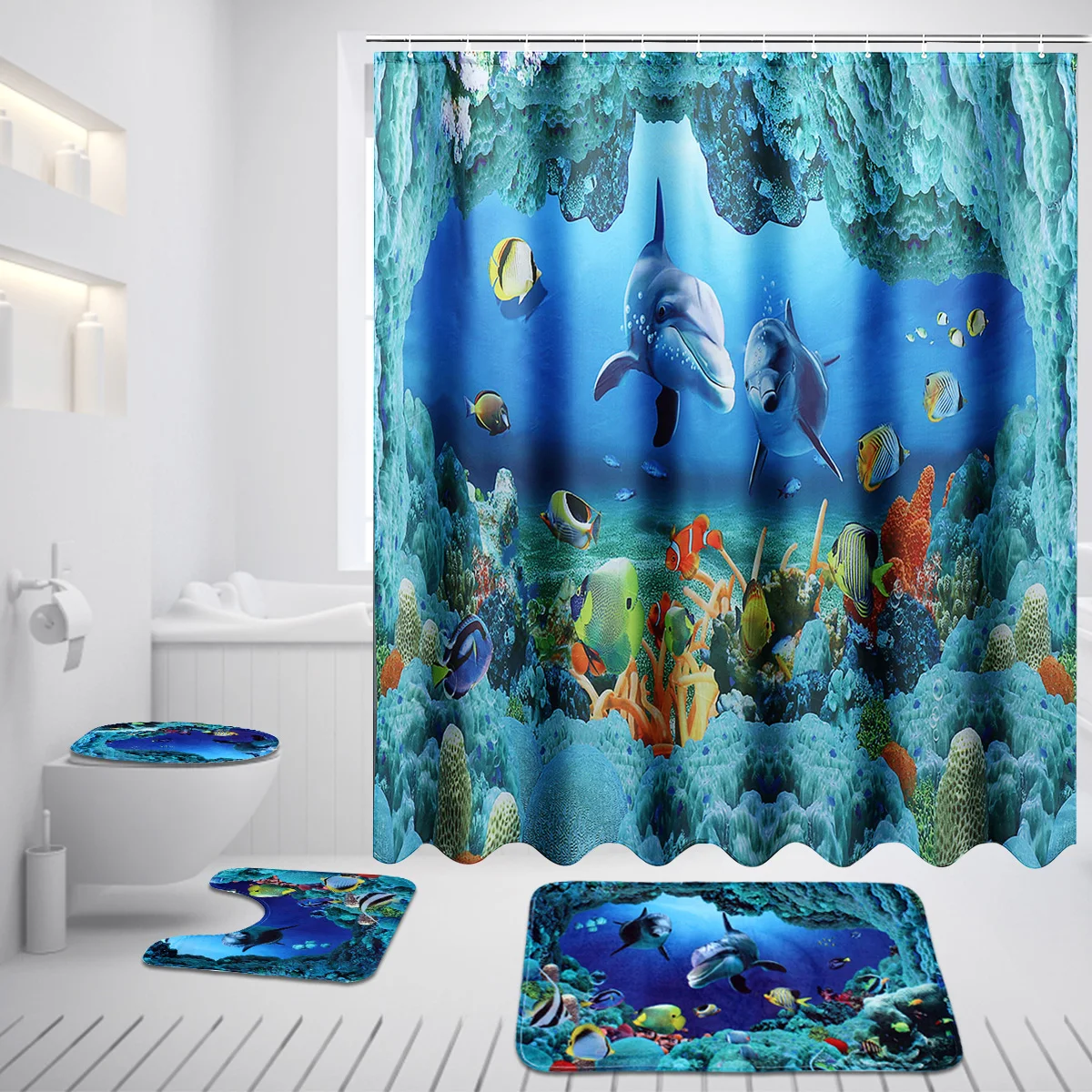 Ocean Dolphin Deep Sea Shower Curtain Polyester Waterproof Curtains for Bathroom + Pedestal Rug Lid Toilet Cover Bath Mat Set
Ocean Dolphin Deep Sea Shower Curtain Polyester Waterproof Curtains for Bathroom + Pedestal Rug Lid Toilet Cover Bath Mat Set