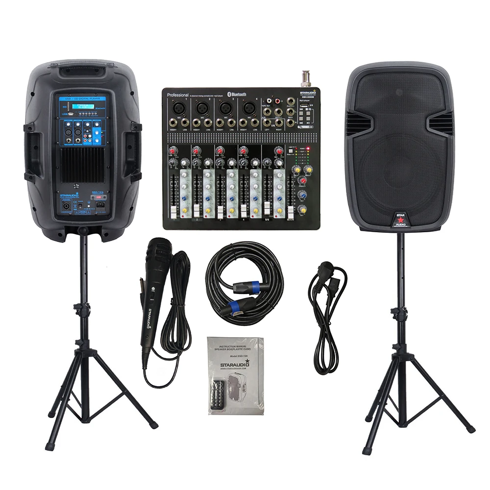STARAUDIO Dual 12" 2000W PA DJ Stage Powered Bluetooth Speakers Active Stage Speaker Stands Wired Mic Cable 6CH Mixer SSD-12A
STARAUDIO Dual 12" 2000W PA DJ Stage Powered Bluetooth Speakers Active Stage Speaker Stands Wired Mic Cable 6CH Mixer SSD-12A