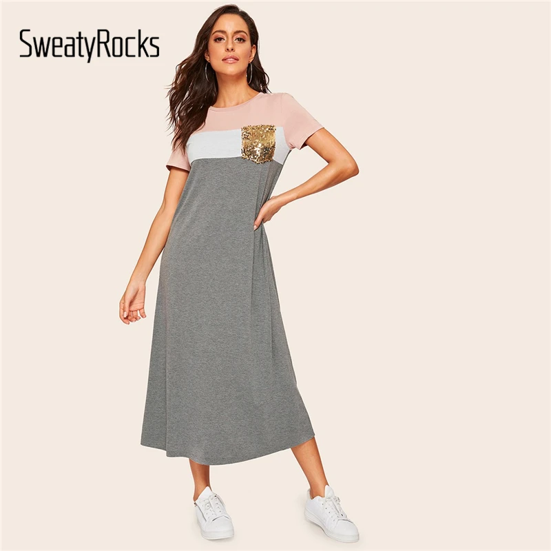 SweatyRocks Sequin Pocket Color Block Tee Dress Women Stretchy Short Sleeve Dress 2019 Summer Casual Modest Long Dress
SweatyRocks Sequin Pocket Color Block Tee Dress Women Stretchy Short Sleeve Dress 2019 Summer Casual Modest Long Dress