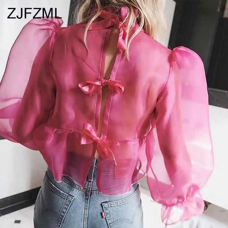 Ruffle Mesh Womens Tops and Blouses Puff Sleeve Back Tie Bow Sexy Transparent Crop Top Autumn O Neck Causal Loose Ladies Tops
Ruffle Mesh Womens Tops and Blouses Puff Sleeve Back Tie Bow Sexy Transparent Crop Top Autumn O Neck Causal Loose Ladies Tops
