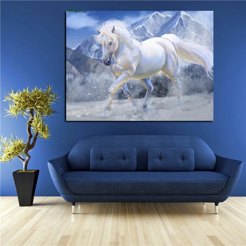 YWDECOR Print Horse Drawing White Run Oil Painting on Canvas Horse Animal Minimalism Modern Wall Art Picture for Kid Room Decor