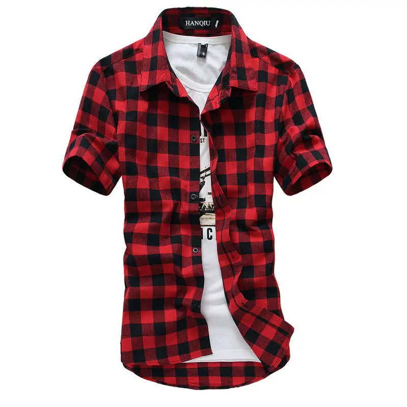 Рубашка мужская в клетку модная Клетчатая блуза с коротким рукавом красно черная