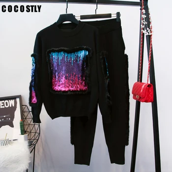 autumn women two piece outfits casual long-sleeved embroidery sequins sweater + trousers two piece set
autumn women two piece outfits casual long-sleeved embroidery sequins sweater + trousers two piece set