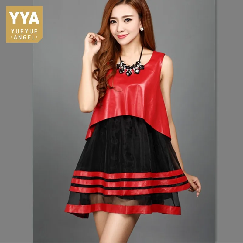 Spring New Real Leather Chiffon Patchwork Dress Faux Two Pieces Sweet O-Neck Red Genuine Sheepskin Dresses Party Robe Femme 
Spring New Real Leather Chiffon Patchwork Dress Faux Two Pieces Sweet O-Neck Red Genuine Sheepskin Dresses Party Robe Femme