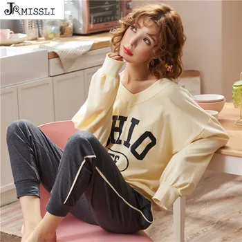 JRMISSLI M-XXL Women Pajamas Sets 100% Cotton Nightwear Autumn Letter Print Pyjamas V-Neck Sleepwear Female Pijamas Mujer
JRMISSLI M-XXL Women Pajamas Sets 100% Cotton Nightwear Autumn Letter Print Pyjamas V-Neck Sleepwear Female Pijamas Mujer