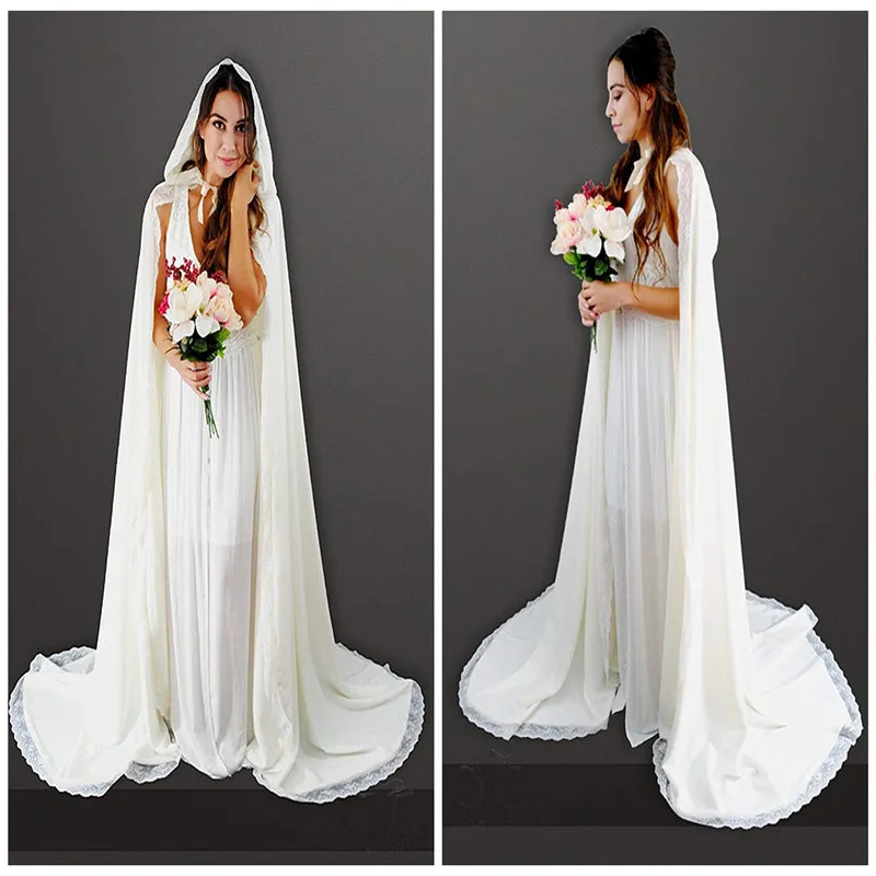 

Hot Women's New Cape White Ivory Wedding Cloaks Long Jacket With Hood Accessories Bridal Wraps Custom Size Jackets