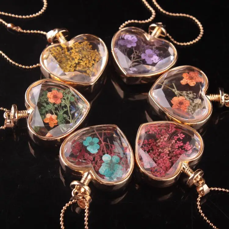 flower-necklace-heart-shape-lampwork-glass-pendants-aromatherapy-pendant-necklaces-jewelry-dry-flowers-perfume-vial-bottle-pendants-necklace