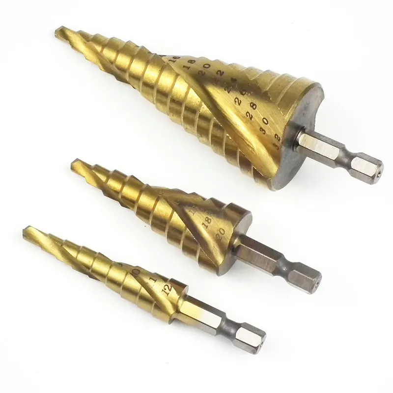 3pcs Triangular Shank Spiral Groove Step Drilling Triangular Shank Step Drilling Pagoda Drill Multi-purpose Bit 4-32 4-20 4-12mm
3pcs Triangular Shank Spiral Groove Step Drilling Triangular Shank Step Drilling Pagoda Drill Multi-purpose Bit 4-32 4-20 4-12mm