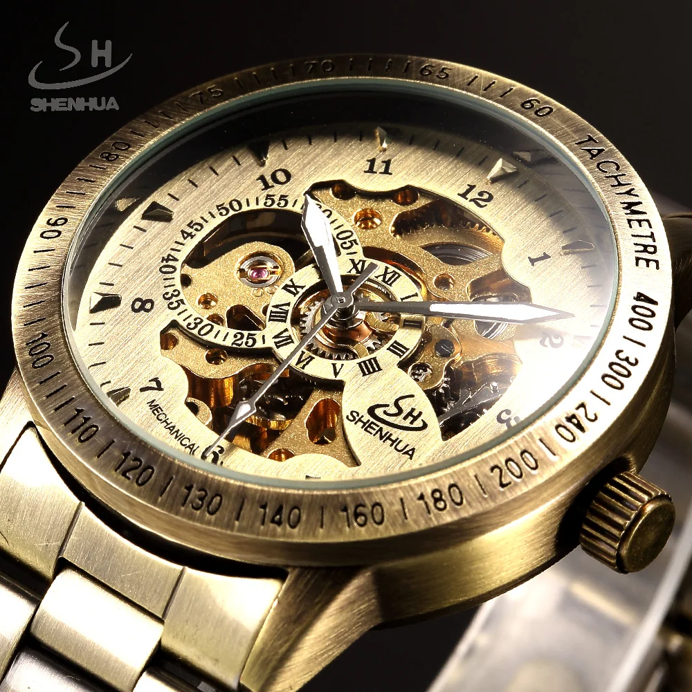 

SHENHUA Skeleton Automatic Mechanical Watch Men Luxury Top Brand Antique Bronze Male Fashion Wristwatch Relogio Masculino