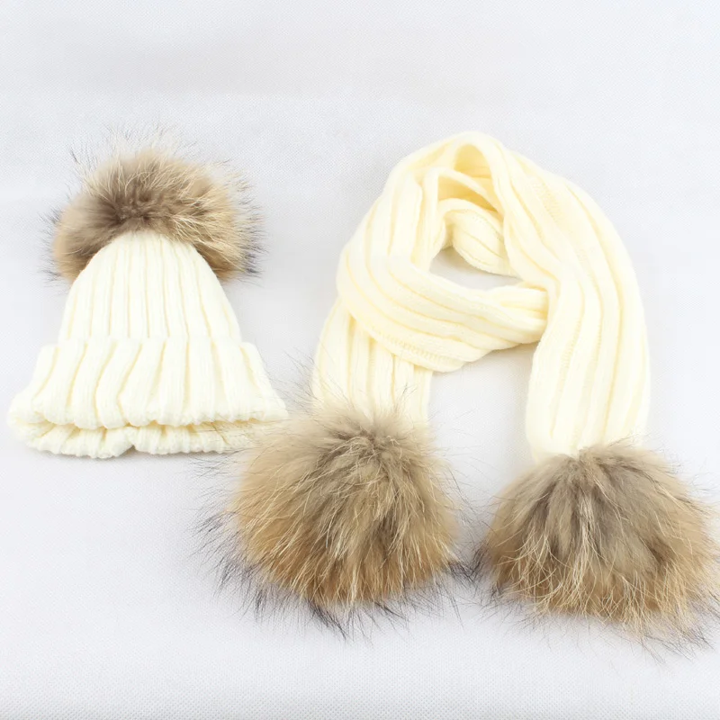 FURANDOWN kids Winter Scarf Hat Sets Children Warm Thick Stretchy Knit Beanie Pom Pom Hat Fur Caps 22