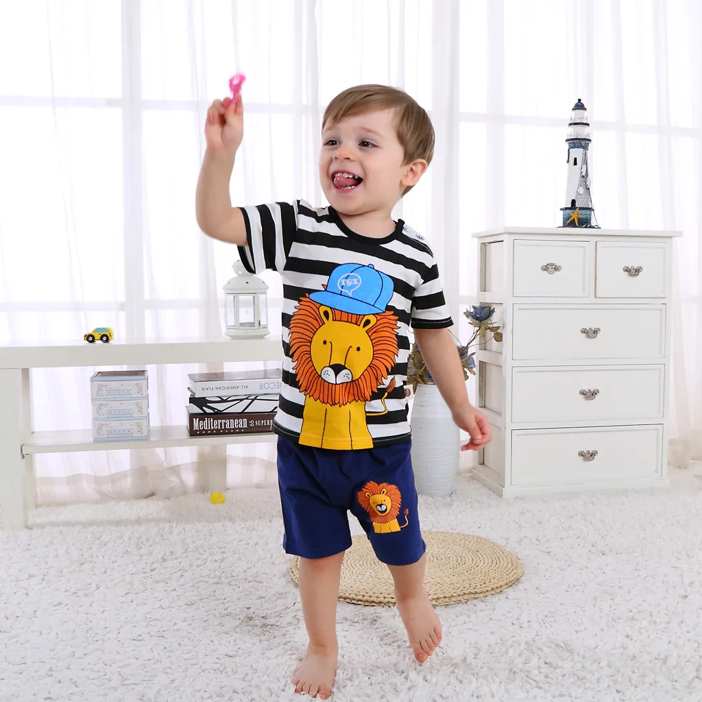 Baby Boys outfits 2019 Infant Boy Stripe Cartoon Printed Short Sleeve Shirt + Shorts Outfit Set |