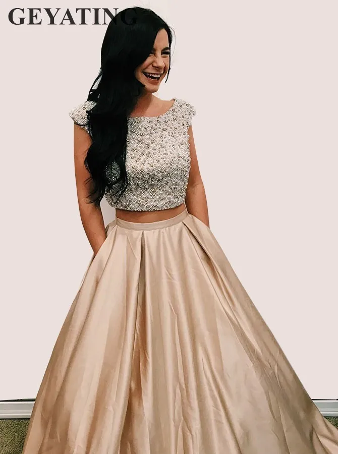 Champagne Satin Two Pieces Prom Dresses with Pockets Pearls Beaded Open Back Long Evening Party Gown for Girls Semi Formal Dress
Champagne Satin Two Pieces Prom Dresses with Pockets Pearls Beaded Open Back Long Evening Party Gown for Girls Semi Formal Dress