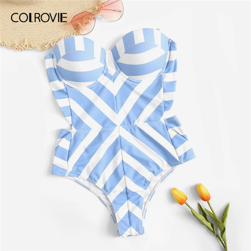 

COLROVIE Blue Striped Bustier Underwire Bandeau Monokini Women One Piece Swimwear Sexy Bikini 2019 Swimsuit Push Up Beachwear