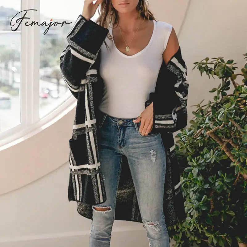 Femajor Cardigan Women Autumn Winter Fashion Black Plaid Cardigan Female High Street Loose Long Knitted Coat Mujer Knit Jacket
Femajor Cardigan Women Autumn Winter Fashion Black Plaid Cardigan Female High Street Loose Long Knitted Coat Mujer Knit Jacket