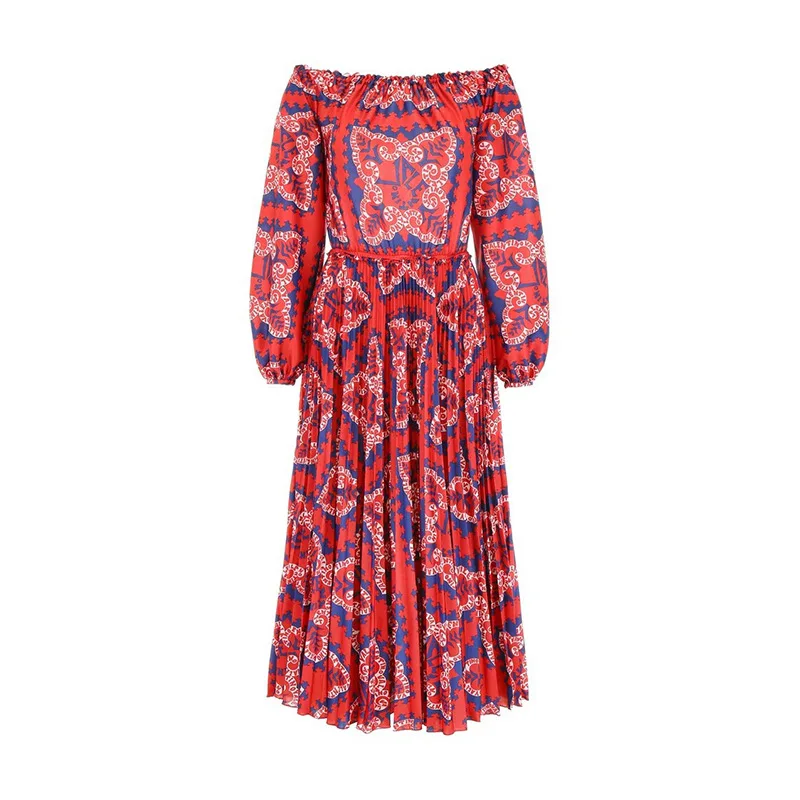 High Quality 2019 Off-the-shoulder Pleated Mid-length Lantern Sleeves Waisted Out Dress Red Print Bohemian Holiday Dress Clothes
High Quality 2019 Off-the-shoulder Pleated Mid-length Lantern Sleeves Waisted Out Dress Red Print Bohemian Holiday Dress Clothes