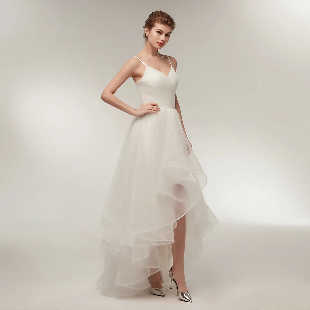 Romantic Wedding Dress Short Front Long Back Spaghetti Straps V