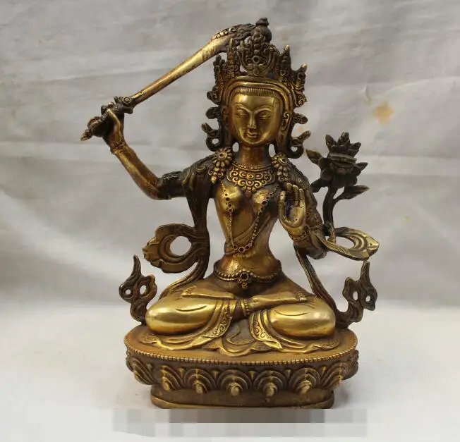 

S01935 Tibet Tibetan Buddhism Bronze Gilt Seat Manjushri Wenshu Buddha Goddess Statue K