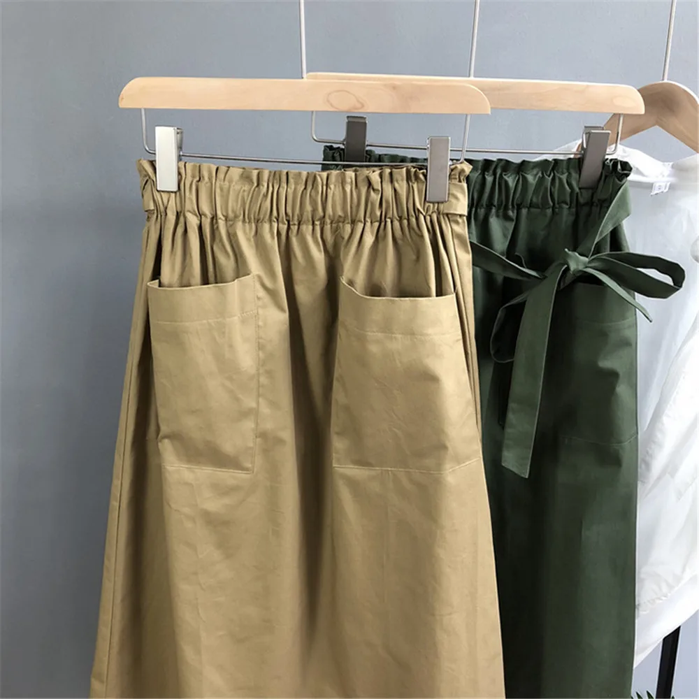 HIGH QUALITY Big Pocket Autumn Skirt For Women 2018 Casual mid-calf length pleated skirts Solid High Waist Skirt Maxi (5)