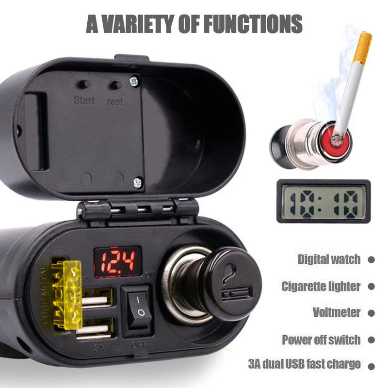 Multi-function Motorcycle USB Mobile Phone Charger With Waterproof Dustproof Cover Voltage Timetable Display Fused Power Cord
Multi-function Motorcycle USB Mobile Phone Charger With Waterproof Dustproof Cover Voltage Timetable Display Fused Power Cord