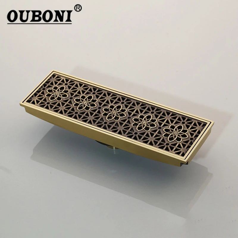 

OUBONI Antique Brass Bathroom Shower Floor Drain Grates Waste Linear Tile Insert Long Drainer Floor Drain 300mm*100mm