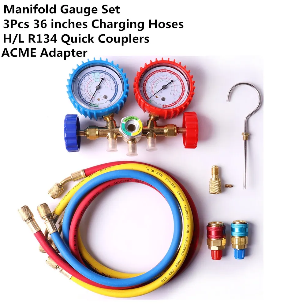 A/C Refrigeration Kit Manifold Gauge Set for R12 R22 R502 and R134a with H/L Quick Coupler ACME Adapter and 3pcs Charging Hoses
A/C Refrigeration Kit Manifold Gauge Set for R12 R22 R502 and R134a with H/L Quick Coupler ACME Adapter and 3pcs Charging Hoses