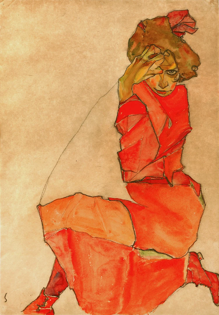 

nude canvas paintings portrait picture modern art home decor giant poster Kneeling Female in Orange Dress c1910 By Egon Schiele