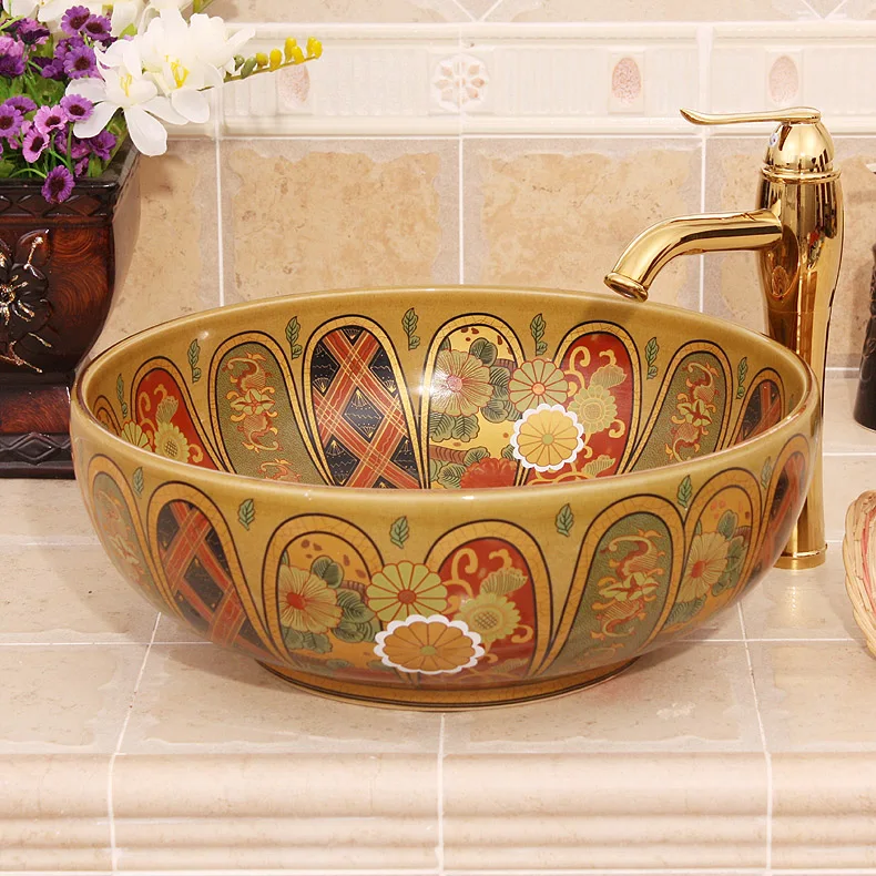 Colourful Handmade Europe Vintage Style Lavobo Ceramic Bathroom Countertop Bathroom Sink hand painted porcelain sink (2)