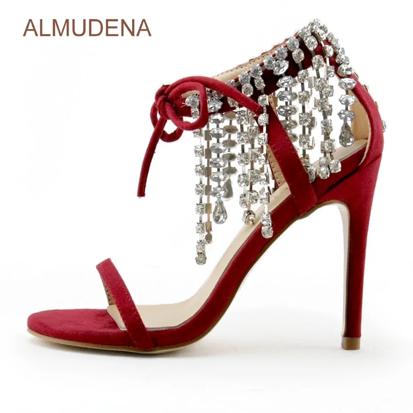 

ALMUDENA Sexy Red Suede Bling Bling Crystal Sandals Lace-up Stiletto Heel Shoes Glittering Fringe Rhinestone Pumps Single Strap