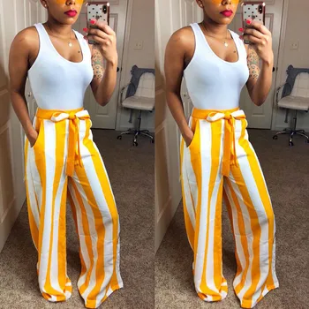 Women's Casual Loose Stretch Pants With Sashes 2018 New Ladies High Waist Wide Leg Long Pants White & Yellow Striped Trousers
Women's Casual Loose Stretch Pants With Sashes 2018 New Ladies High Waist Wide Leg Long Pants White & Yellow Striped Trousers