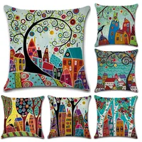 Hand-Painted Retro Rural Color Cities 45*45cm Cushion Cover Linen Throw Pillow Car Home Decoration Decorative Pillowcase image
