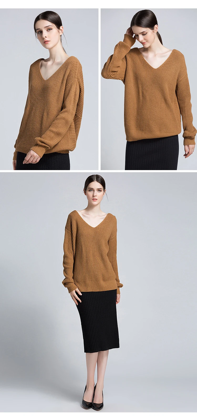 European and American women's spring and autumn and winter new solid color V-neck pullover sweater sexy leak-back sweater (3)