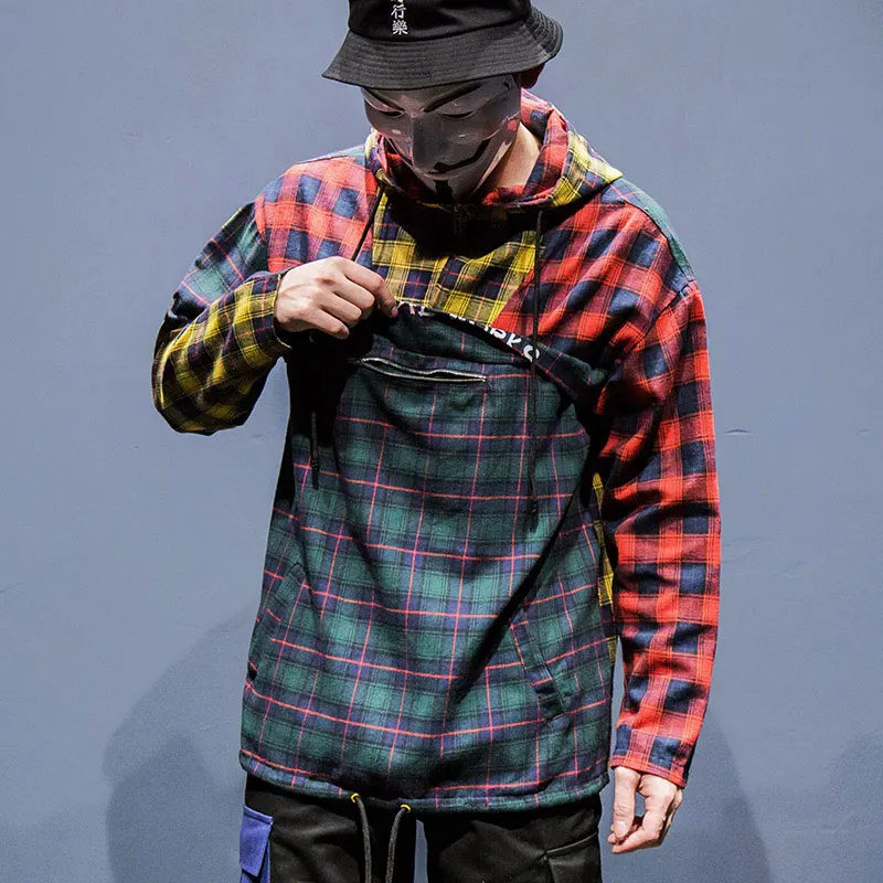 Patchwork Pullover Plaid Long Sleeve Hoodies Shirts 1