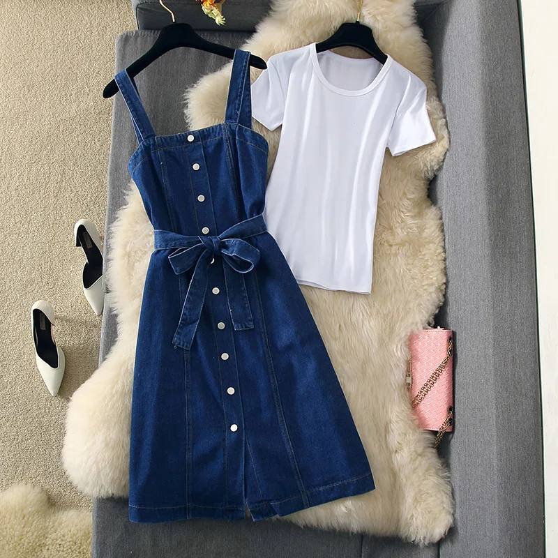 New2019 Fashion Women's Summer Sets White Short Sleeve T-shirt + Single Breasted Sashes Denim Strap Dress 2 Pcs Set
New2019 Fashion Women's Summer Sets White Short Sleeve T-shirt + Single Breasted Sashes Denim Strap Dress 2 Pcs Set