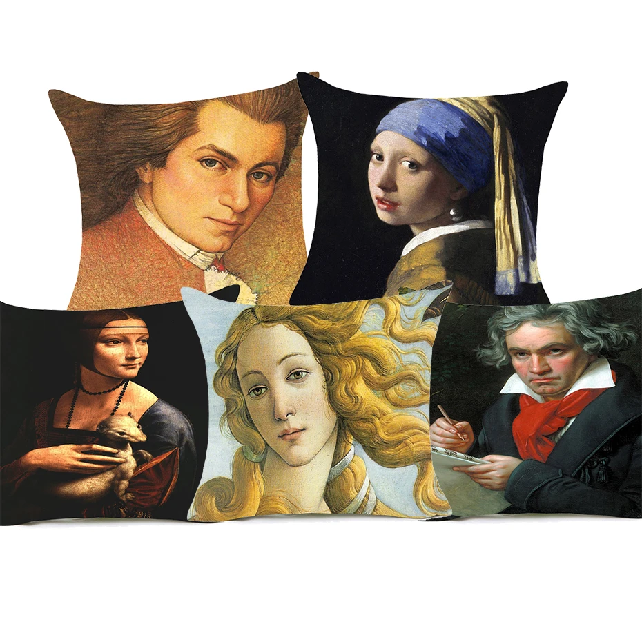 European Vintage Painting Portraits Cushion Covers Venus Girl with a Pearl Earring Beethoven Cushion Cover Sofa Seat Pillow Case
European Vintage Painting Portraits Cushion Covers Venus Girl with a Pearl Earring Beethoven Cushion Cover Sofa Seat Pillow Case