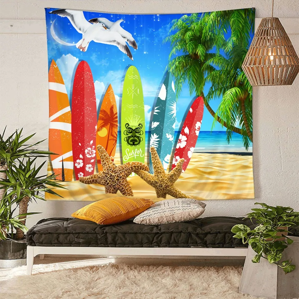 

HommomH Tapestry Art Decor Wall Hanging in Dorm Living Room Bedroom Sea Beach Seagull Starfish Surf Windsurfing Coconut Tree