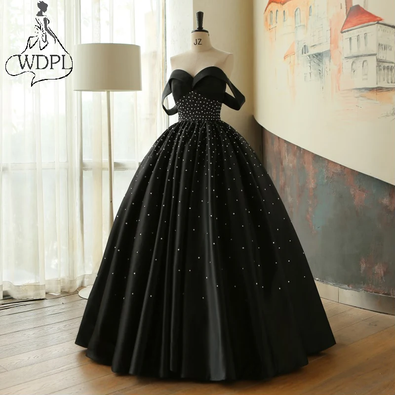 black evening gown off shoulder