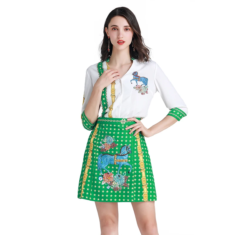 Fashion Runway Summer Women's Sets Animal Print V-Neck Half Sleeve Blouses + Mini Green Skirt Female Two Pieces Set
Fashion Runway Summer Women's Sets Animal Print V-Neck Half Sleeve Blouses + Mini Green Skirt Female Two Pieces Set