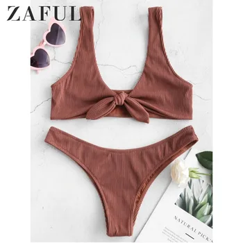 

ZAFUL Textured Ribbed Tank Bikini Set Tie Front Swimsuit Plunging Neck Swimwear Women Bikini Bathing Suit Women Biquini