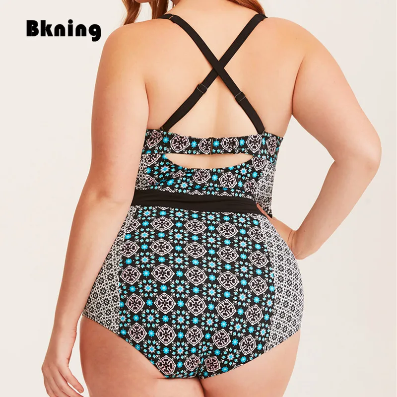 

4XL Plus Size Swimsuit One Piece Swimwear Female 2019 Mayokini Underwire Monokini Large Floral Printed Strappy Bathing Suit XXXL