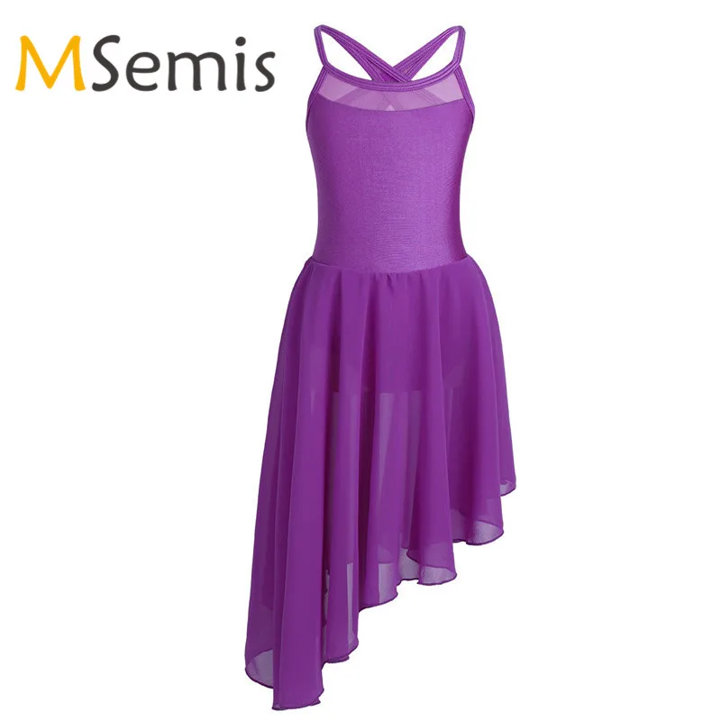 Kids Girls Ballet Dress Gymnastics Leotard for Ballerina Mesh Splice Spaghetti Straps Cutout Back Irregular Hem Dancewear | Тематическая