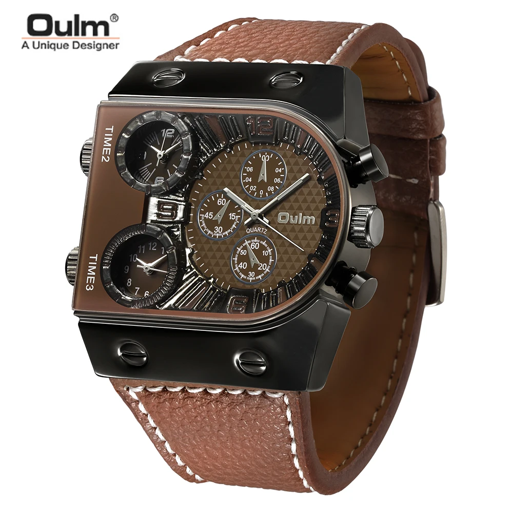 

OULM Sport Watch Men Quartz Analog Clock 3 Time Zone Sub-dials Design Big case Oversize Fashion Black Wrist Watches relogio