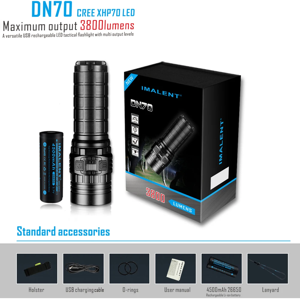 IMALENT DN70 Rechargeable Flashlight OLED Screen max 3800lm beam distance 325 meter outdoor torch with 26650 4500mAh li battery
IMALENT DN70 Rechargeable Flashlight OLED Screen max 3800lm beam distance 325 meter outdoor torch with 26650 4500mAh li battery