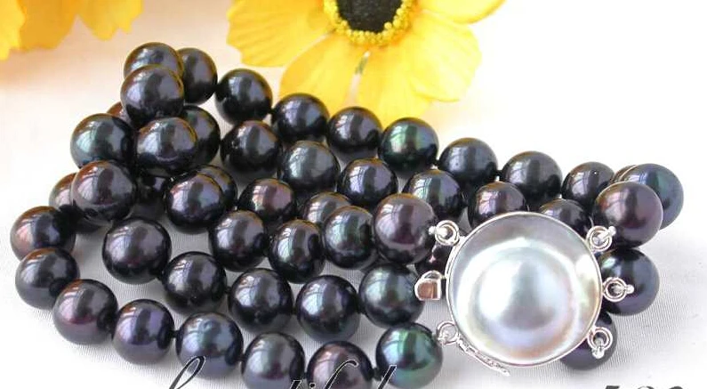 

hot sale FREE SHIPPING ******z2410 3row 10mm Tahitian black freshwater pearl bracelet mabe silver