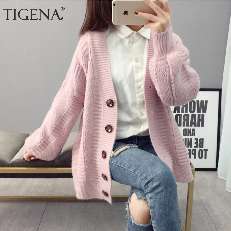 Tigena розовый свободный свитер кардиган большого размера Для женщин 2019 осень-зима