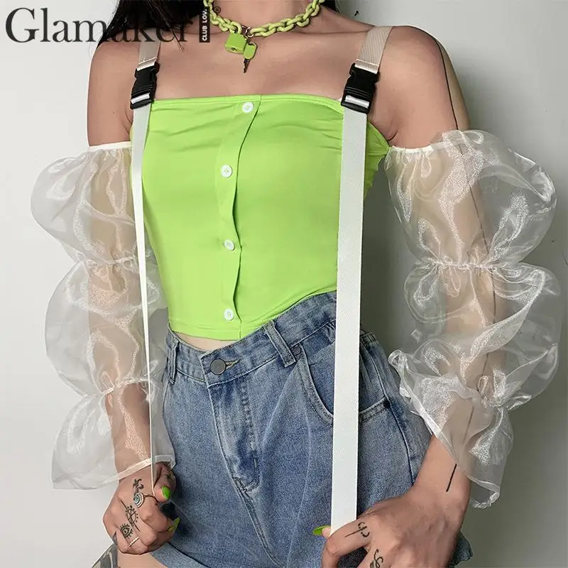 Glamaker Sexy buttons patchwork mesh top Women off shoulder flare sleeve autumn summer cropped Streetwear buckle elegant tees
Glamaker Sexy buttons patchwork mesh top Women off shoulder flare sleeve autumn summer cropped Streetwear buckle elegant tees