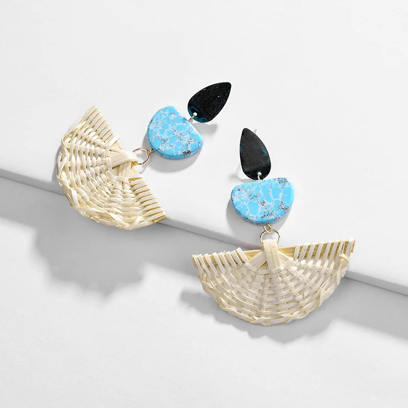 Handmade Earring Jewelry Blue Natural Stone Fan Shape Knitted Rattan Drop Earrings for Women
Handmade Earring Jewelry Blue Natural Stone Fan Shape Knitted Rattan Drop Earrings for Women