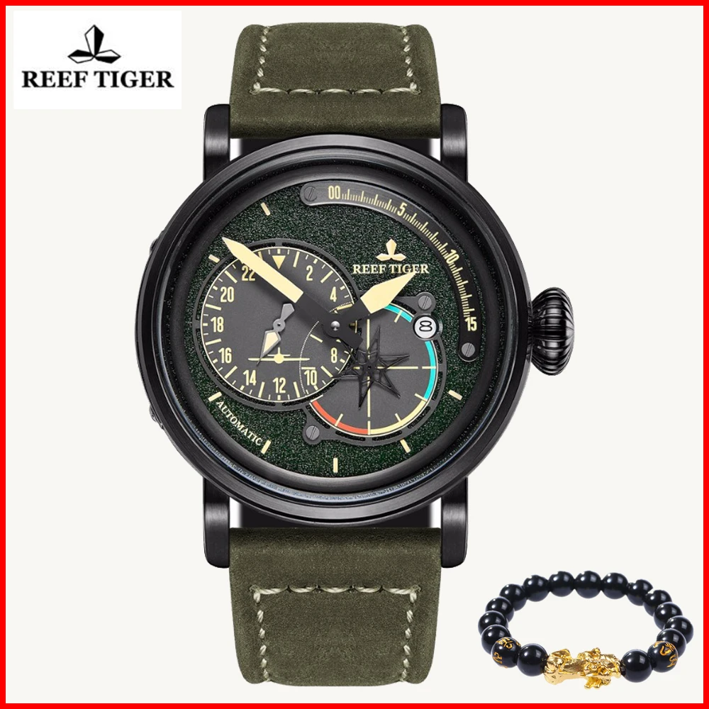 Reef Tiger Brand Black Steel Military Watches Men Genuine Leather Strap Automatic Pilot Date Waterproof Watch Relogio Masculino
Reef Tiger Brand Black Steel Military Watches Men Genuine Leather Strap Automatic Pilot Date Waterproof Watch Relogio Masculino
