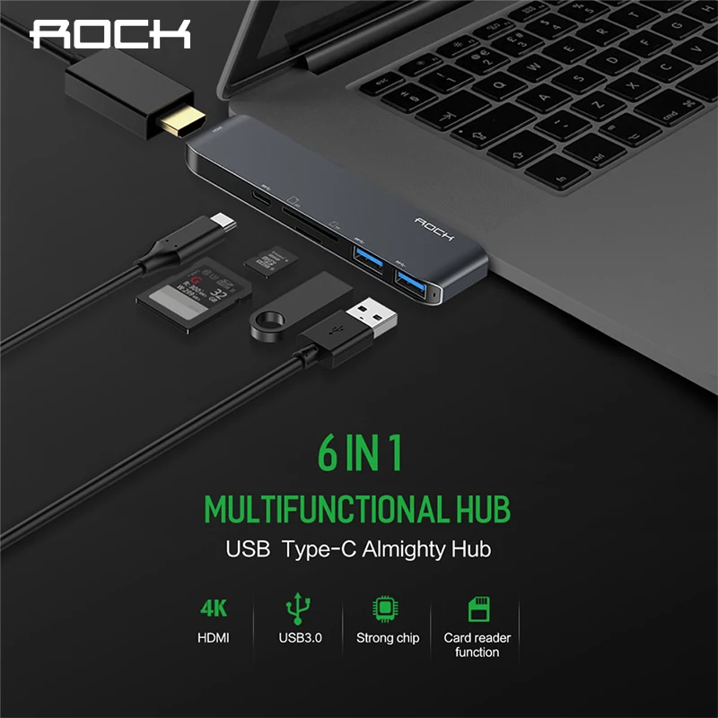ROCK 6 in 1 Usb Hub All in 1 Converter USB-C to HDMI 4K SD TF Card Reader for MacBook Huawei Type C HUB USB 3.0 5Gbps Aluminum
ROCK 6 in 1 Usb Hub All in 1 Converter USB-C to HDMI 4K SD TF Card Reader for MacBook Huawei Type C HUB USB 3.0 5Gbps Aluminum